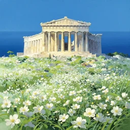 a beautiful painting of there is a mysterious parthenon on the blue sea, full of holy white flowers by makoto shinkai