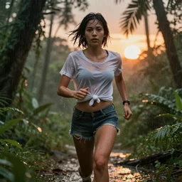 adventure girl runs toward camera in jungle rain, soaking white!!!! tshirt tied in knot, torn!! clothing, short dark hair, sweaty abs, sunset, hyperrealistic, unreal engine 5, detailed render, atmospheric haze, dim natural evening lighting, mid distance