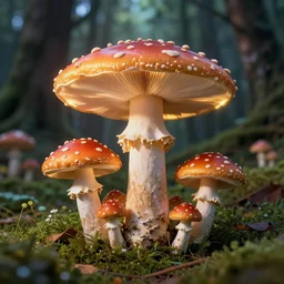 fantastic mushrooms in the magic forest, photorealistic, by esao andrews, thomas kinkade, high light, glow, high detailed, 4 k resolution