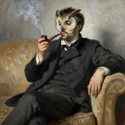 an owl man sitting on a couch smoking a pipe, realistic masterpiece by Sorolla