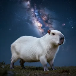 a white capybara cruising the milky way, beautiful, agile, myth, legend, trending on artstation, light effects, kilian eng, john harris, bastien lecouffe - deharme