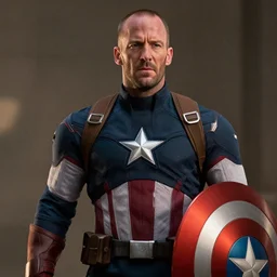 jason statham as captain america from avengers infinity war, action film still, details, cinematic lighting, sigma 8 5 mm