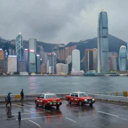 rain in hong kong, painting, realistic