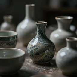 shino ceramics studies with innovative organic shapes, background darkness, bokeh, macro view, megapixel, moody lighting, cinematic lighting, ray tracing reflections