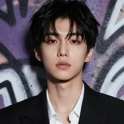 highly detailed closeup portrait of cool black hair short, cinnamon skin teen, korean, black suit by atey ghailan, by greg rutkowski, by greg tocchini, by james gilleard, by joe fenton, by kaethe butcher, gradient dark purple, black and white color scheme, grunge aesthetic!!! ( ( graffiti tag wall background ) )