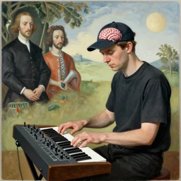 man with cap wearing brain - interface plays a modular synthesizer. painted by francis bacon, hieronymus bosch, giuseppe arcimboldo, albrecht durer, eric lacombe.