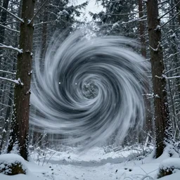 a turbulent warping vortex floating in the air in the middle of the woods distorting the trees behind it, winter, snow, cold cinematic, hbo, dramatic, ARRI, 4k, highly detailed