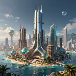 a beautiful very detailed rendering of nature kingdom urbex unfinished building building city industrial architecture by denise scott brown, extraterrestial gem retro at summer sea made of glass san andreas assassin's creed fantasy cosmic liberty city at night, archdaily, wallpaper, highly detailed, trending on artstation.