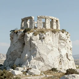 concept art by ismail inceoglu of a small, white marble cliff in a meditereanian landscape, with stone henge on top
