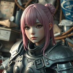a masterpiece hyperrealistic ultradetailed closeup photograph of a lifelike real human anime girl wearing steel plate armor, surrounded by clutter and mess, made by wlop, trending on artstation, pink hairs, gorgeous, k - pop, sad, photoreal image, rendered, unreal engine 5, extremely detailed, sharp focus, 4 k