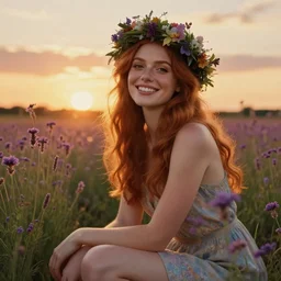 Fine art photo of the most beautiful woman, she is redhead, she is posing while maintain a sweet eye contact to the camera, she has a crown of flowers, she has perfect white teeths, she is sitting on a field of lavader, she is getting ulluminated by the rays of the sunset, the photo was taking by Annie Leibovitz, Ellie Victoria Gale, Steve McCurry, matte painting, oil painting, naturalism, 4k, 8k