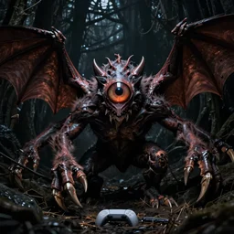 cinematography picture with monster with bat wings, cyclope eye, big claws, several arms, hiding in the dark, 8k, unreal engine 5, hyperrealistic quality, ps5