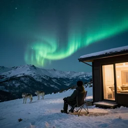 person sitting in a chair outside a cabin on top of a mountain during winter, during nighttime with wolves far away and clear sky with stars and aurora visible