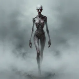 tall slender pale humanoid walking in the mist, red eyes, bloody face, creepy, horror, fantasy, bloodcurdling, art by greg rutkowski