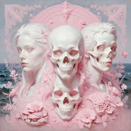 Portrait 🍔💀 by Miho Hirano, Ross Tran and Ilya Kuvshinov, realistic, detailed, white, light pink tonalities, beautiful collage technique including flora, sea, wind, ornate sea background, beautiful Fantasy detailed trending on artstation, oil painting,Dramatic lighting, eterea , high quality print, fine art with subtle redshift rendering