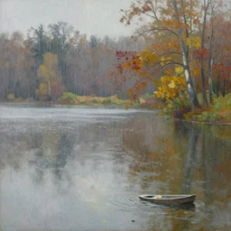 a painting of lake in the rain, autumn, acrylic painting, very detailed, mellow, 4 k, impressionism, trending on artstation