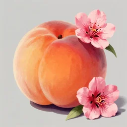 large colorful orange peach and one pink blossom illustration, vintage color halftone advertisement, nostalgic high saturation, solid light grey background