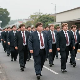 A large group of chubby men in suits and neckties parading through the street canes, overcast day, 1990s.
