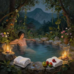 painting of cozy fantastical japanese hot spring in the mountains with candles natural light lush vines flowers fruits towels by greg rutkowski artgerm ross tran, volumetric lighting fantasy dark atmospheric cinematic lighting, trending on artstation