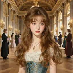 masterpiece hyper detailed portrait charming and miracle of gorgeous girl at a royal castle. in the background is a large, luxurious royal hall with many people art by artgerm, greg rutkowski, sasoura, satchely. by bastien - lepage. andrei riabovitchev, yoshitaka amano.