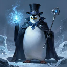 anthropomorphic evil penguin magician wearing dark clothes, icy landscape, spell casting, weapons, dnd, mystical, large frontal portrait, character, fantasy, intricate, elegant, digital painting, artstation, concept art, smooth, 8 k frostbite 3 engine, ultra detailed, art by artgerm and greg rutkowski and magali villeneuve