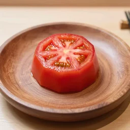 sliced tomato in the shape of an octahedron on a wooden plate, michelin star restaurant 4K photo