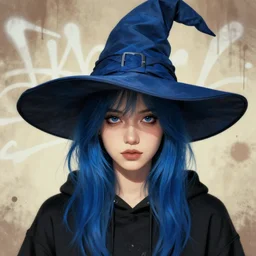 highly detailed closeup portrait of a witch young lady student, ( blue witch hat ), black hoodie, blue hair by atey ghailan, by greg rutkowski, by greg tocchini, by james gilleard, by joe fenton, by kaethe butcher, gradient, blue, black, brown and cream color scheme, grunge aesthetic!!! white graffiti tag wall background