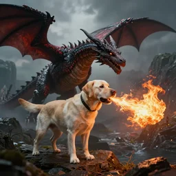 labrador + dragon, breathing fire, beautiful scenery, digital art, fantasy, dnd, 8 k