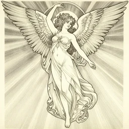 goddess angel of tranquility. hyper detailed, character concept, full body, dynamic pose, intricate, lineart, cerpuscular rays, by yoshitaka amano, alfons mucha, 4 k