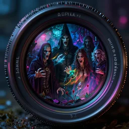 The night of the 5 murderous sorcerers,horror sccene, illustrated by Greg Rutkowski and Gaston Bussiere, 35mm lens, beautiful macro close-up imagery, vibrantly lush neon lighting, beautiful volumetric-lighting-style atmosphere, a futuristic atmosphere, intricate, detailed, photorealistic imagery, trending on artstation, 4k, 8k