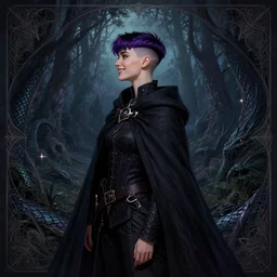 side portrait dark witch, adventurer outfit large cloak, fantasy forest landscape, dragon scales, fantasy magic, undercut hairstyle, short purple black fade hair, happy atmosphere!!!!!!!, dark light night, intricate, elegant, sharp focus, illustration, highly detailed, digital painting, concept art, matte, art by wlop and artgerm and greg rutkowski and alphonse mucha, masterpiece