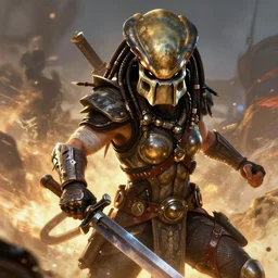 An epic image of The Predator from Prey Movie fight with female skilled warrior in style of Greg Rutkowski, Digital Art, artstation