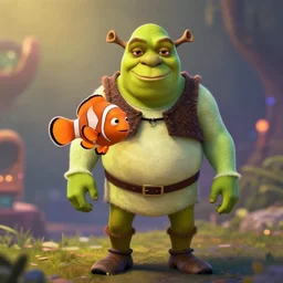 vaporwave shrek in finding nemo, concept, trending on art station, bokeh, dramatic lighting