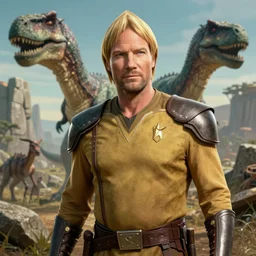 a hyper real comic book style portait painting of captain picard in the stone age with dinosaurs, unreal 5, hyperrealistic, octane render, cosplay, rpg portrait, dynamic lighting