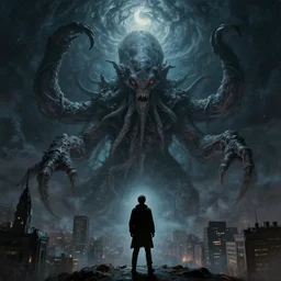man is seeing old god eldritch horror cthulhu terrifying the night sky of a city, epic scene, hyper - detailed, gigantic cthulhu, photo - realistic wallpaper, dark art, oil paint