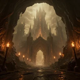 wide angle architecture photography of dark fantasy castle!!!, pathway through abstract portal cave exit to otherworldly castle, ( ( ( fog ) ) ), torches on cave walls, high sci - fi fantasy, cryengine 8 k render, artwork by world of warcraft mass effect dnd overwatch dark souls, moody light 6, warm color palette