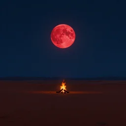 The arizona desert at night, a single camp fire in the far, big red moon in the sky. Scenic view at night, underexposed, clean horizon, matte painting by Craig mullins and Anato_Finnstark, concept art trending on artstation, 4k, insane details