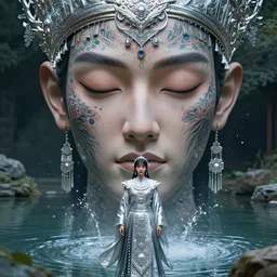 main with a huge head and face tattoos dressed in intricate silver clothing surrounded by water particles above a serene pond, enormous face, fantasy concept art by j. dickenson