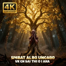 a humanoid nightmare prays to a golden tree in a forest of ashes. fantasy art, horror, photo realistic, dynamic lighting, artstation, poster, volumetric lighting, very detailed faces, 4 k, award winning