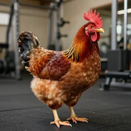 a high resolution photo of a chicken working out in a gym.