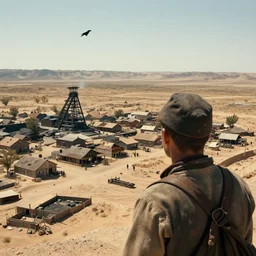 Cinematic reverse aerial angle telephoto f2.8 iso 640 over the shoulder of a battle-worn survivor looking over a mid 1800s coal-mining town in the sweltering desert heat, crows in the sky. Photorealistic, award winning, ultra high resolution, intricate details, UHD 8K