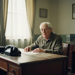 Portrait of a very old grandpa sitting at a very old desk, with very old curtains in the room. The desk has a very old phone on it. Dusty air. Interview.