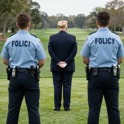 front view of a single Donald Trump with hands behind back taken away by two young FBI agents wearing uniforms at golf course, photo by Alex Webb, photo by James Nachtwey
