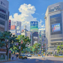 tiny god in front of shibuya. cyberpunk. beautiful blue sky. gorgeous epic nature, lofi, vivid colors, amazing light, by jeremy lipkin, by claude monet, heavily inspired by makoto shinkai, inspired by ghibli, masterpiece, multiple brush strokes, impressionist style