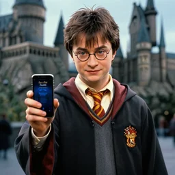 movie still of harry potter holding an iphone in hogwarts, movie, harry potter, screenshot, detailed