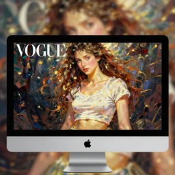 vogue magazine, apple imac computer monitor display, greg rutkowski, john singer sargent, anime, trending on pixiv, oil painting, crop top, intricate