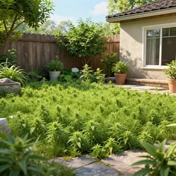 leaked photos of my mother's backyard with full of weed, trending on artstation, 8 k, octane render, detailed lighting, high quality render, aesthetic, unreal engine