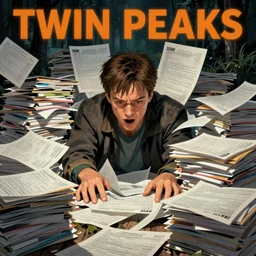 Twin Peaks poster artwork by Michael Whelan and Tomer Hanuka, Rendering of Kyle MacLachlan suffocating from tax forms piles up around him from scene from Twin Peaks, full of details, by Makoto Shinkai and thomas kinkade, Matte painting, trending on artstation and unreal engine