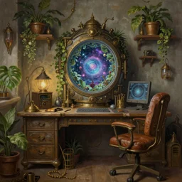 very tidy steampunk home office overseeing a magical portal, plants, beautifully lit, very detailed painting, hyperrealism, trending on artstation