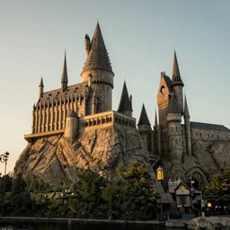 High resolution award winning photo. 8K. Hogwarts in the distance. During golden hour. f/4. ISO 1600. Shutter speed 1/60 sec. Lightroom.
